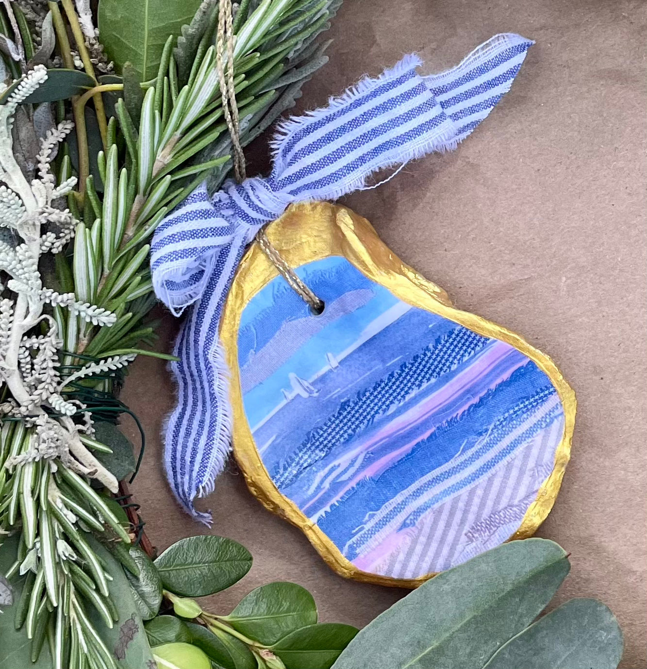 Oyster Ornament - Blue Gingham Regatta