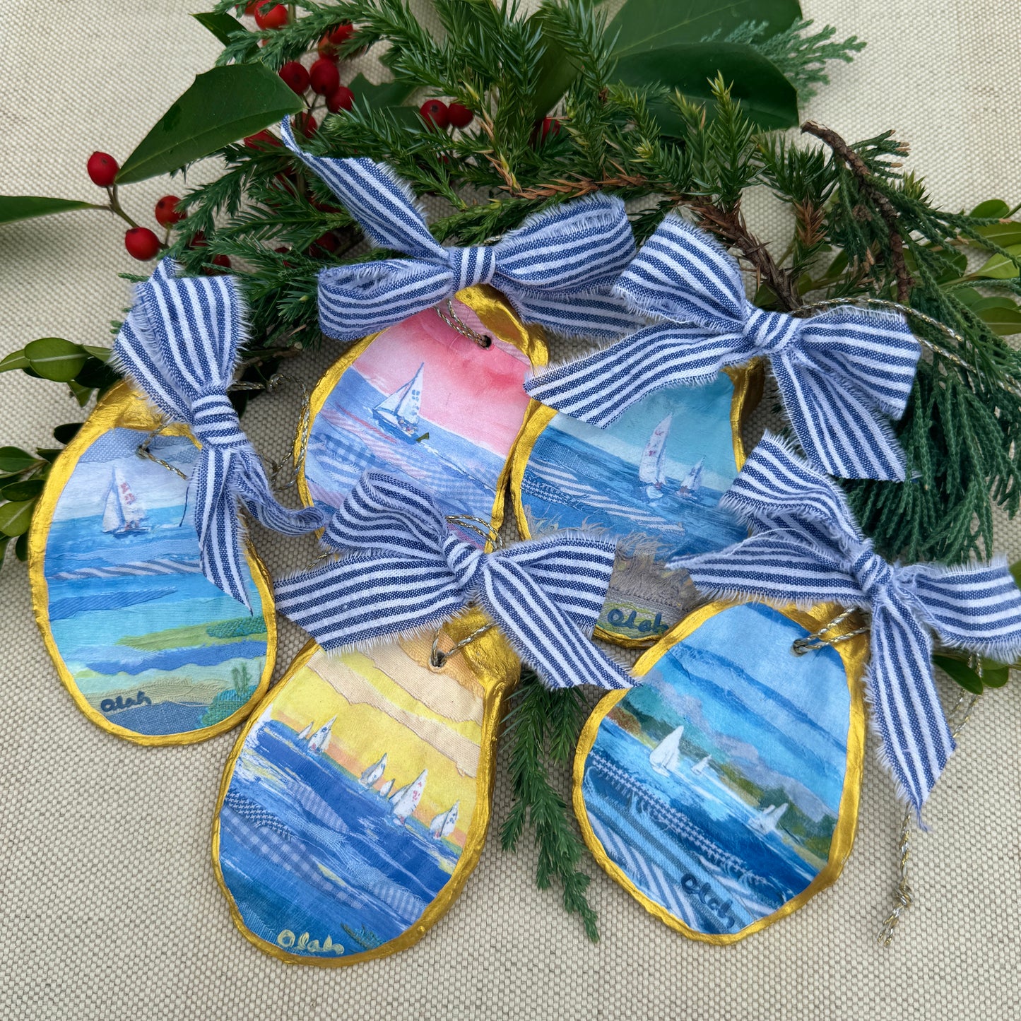 Oyster Ornaments with art by Karin Olah