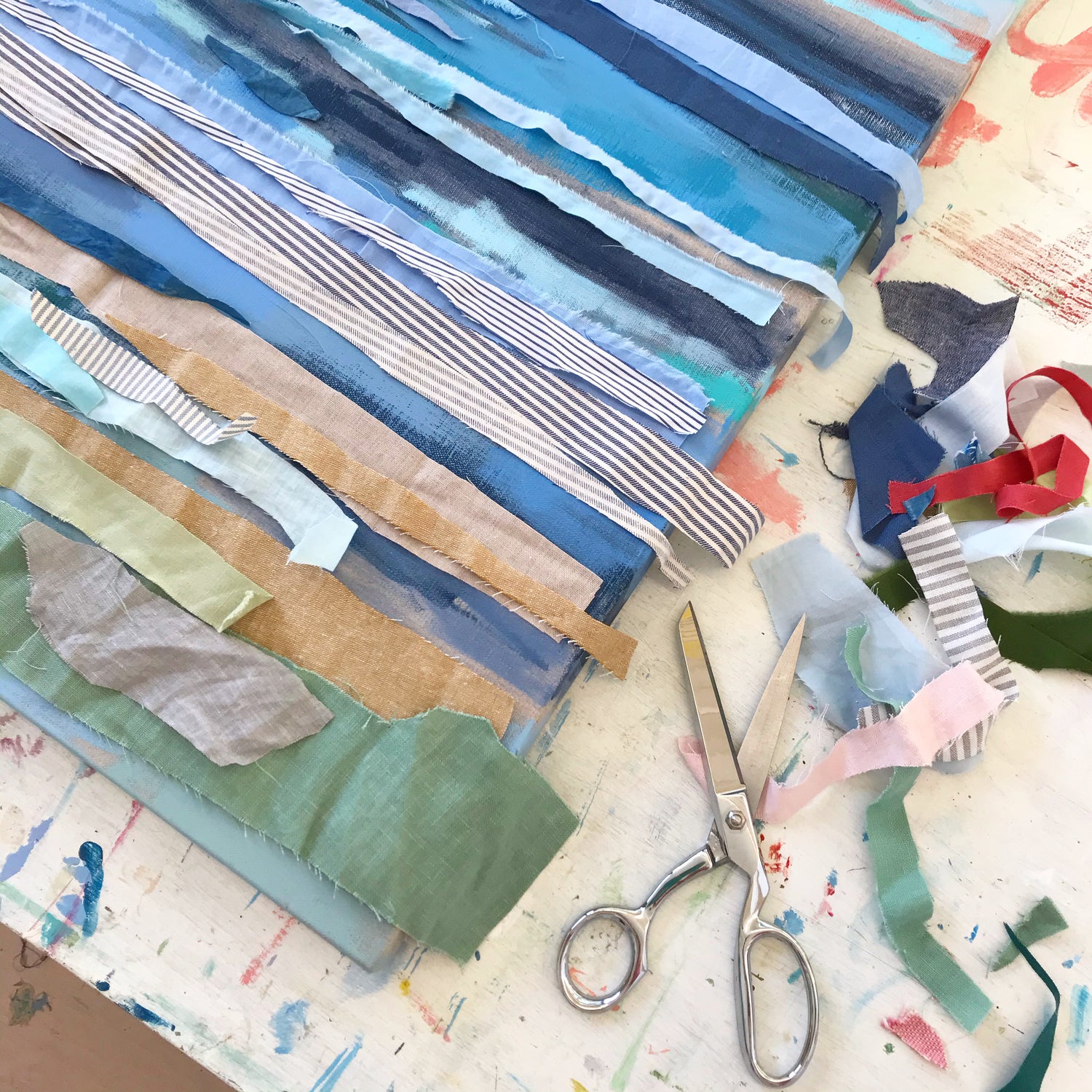 Fabric Layered Coastal Abstract Painting by Karin Olah, Work in progress