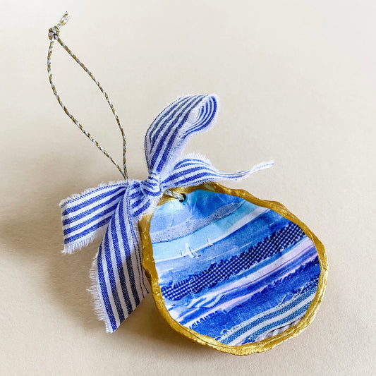 Oyster Ornament - Blue Gingham Regatta - single oyster